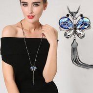 Women's Tassel Necklace Rhinestone Blue Butterfly Pendant Long Chain Dulcet