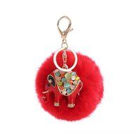 AutumnFall&reg; Rabbit Fur Ball Elephant Keychain Bag Plush Key Ring Car Key Pendant (Red)