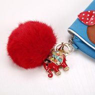 AutumnFall&reg; Rabbit Fur Ball Elephant Keychain Bag Plush Key Ring Car Key Pendant (Red) N2