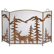 Rustic Country Style Forest Fireplace Screen (Iron Tri-fold) N3