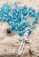 Catholic Light Blue 10mm Crystal Beads Rosary Holy Soil Medal &amp; Silver Crucifix