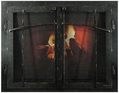 Ironhaus Iron Fireplace Glass Door with Gate Mesh with 2 1/2" Frame In Hammered Natural Finish, Craftsman Design...