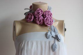 Pink Rose Scarf-Pink and Grey Crochet Necklace-Pink and Grey Lariat Necklace-Rose Lariat Scarf-Rose Necklace N5