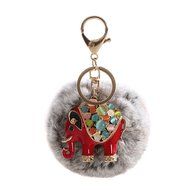 AutumnFall&reg; Rabbit Fur Ball Elephant Keychain Bag Plush Key Ring Car Key Pendant (Red) N3