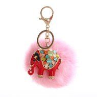 AutumnFall&reg; Rabbit Fur Ball Elephant Keychain Bag Plush Key Ring Car Key Pendant (Red) N4