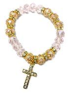 Light Pink Glass Beads Gold Rosary Bracelet Hand Ornament Zircon Cross Jerusalem N2