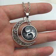 Vintage tree Cabochon Silver plated chain necklace pendants Moon pendant N2