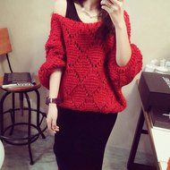 KAKA(TM) Girl Women Spring Autumn Stylish Wide Neckline Red Batwing Sleeve Hollow Pattern Sweater XL N3