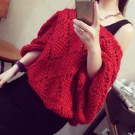 KAKA(TM) Girl Women Spring Autumn Stylish Wide Neckline Red Batwing Sleeve Hollow Pattern Sweater XL N4