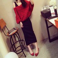 KAKA(TM) Girl Women Spring Autumn Stylish Wide Neckline Red Batwing Sleeve Hollow Pattern Sweater XL N5