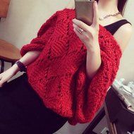 KAKA(TM) Girl Women Spring Autumn Stylish Wide Neckline Red Batwing Sleeve Hollow Pattern Sweater XL N6