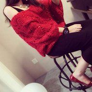 KAKA(TM) Girl Women Spring Autumn Stylish Wide Neckline Red Batwing Sleeve Hollow Pattern Sweater XL N7