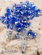 Catholic Blue 10mm Crystal Beads Rosary Holy Soil Medal &amp; Silver Crucifix