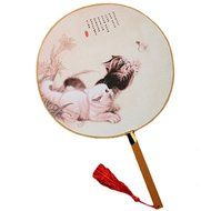2PCS Cotton Fabric Fan Print Decor Bamboo Handle Round Hand Fan, Cats