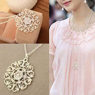 Womens Hollow Pattern Crystal Pendant Silver Necklace Long Sweater Chain Jewelry