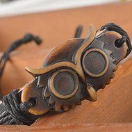 1PC New Men Punk Vintage Leather Handmade Owl Black Bracelet Chains