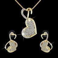 Promise Jewelry Set Gold Plated Crystal Double Heart Necklace+Earrings Wedding N2