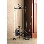 Brown Finish Fleur De Lis Iron Fireplace Tool Set Features A 5-piece Set, Includes A Poker, Brush, Log Lifter... N2