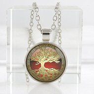 Vintage 3D Tree of life Cabochon Glass Bronze Chain Pendant Necklace