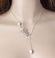 Lady's Charm Simple Leaves Pearl Statement Choker Silver Chain Necklace Jewelry