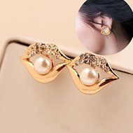 Lip Pearl Crystal Rhinestone Gold Tone Stud Earring Fashion Women's Jewelry Gift