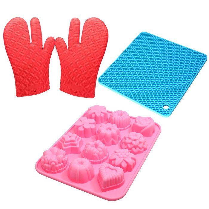 Food Grade Silicone Bakeware Set - Silicone Mini Muffin Pan & Silicone Potholder & Silicone Grill Gloves - 12...