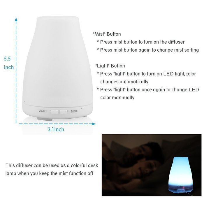 REDGO 100ml Aromatherapy Essential Oil Cool Mist Aroma Humidifier Diffuser Portable Ultrasonic with Color LED...