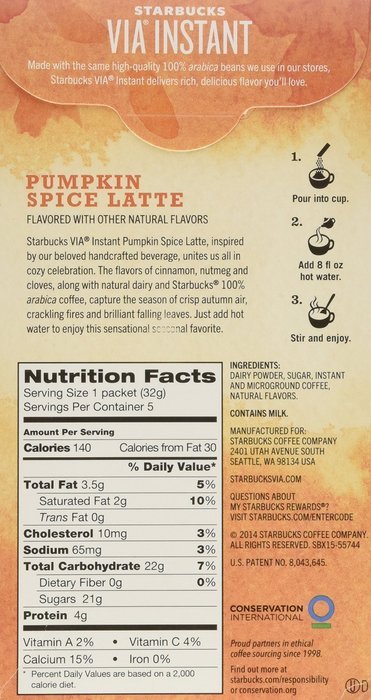 Starbucks Via Ready Brew Pumpkin Spice 5 Single Serve Packets(1.12 Oz each) N2