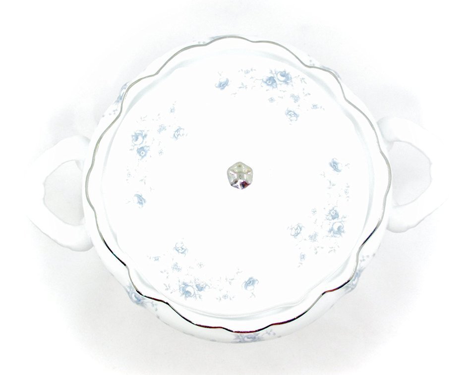 Bavaria Casserole Bowl with Lid,white,blue Flowers,silver Trim,side Handles