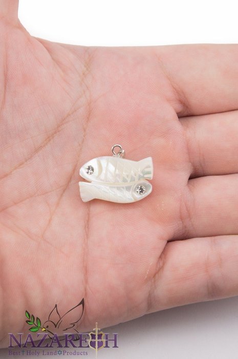 Fishes Pisces Mother of Pearl Pendant with Zircon Crystals Handmade Nazareth N4