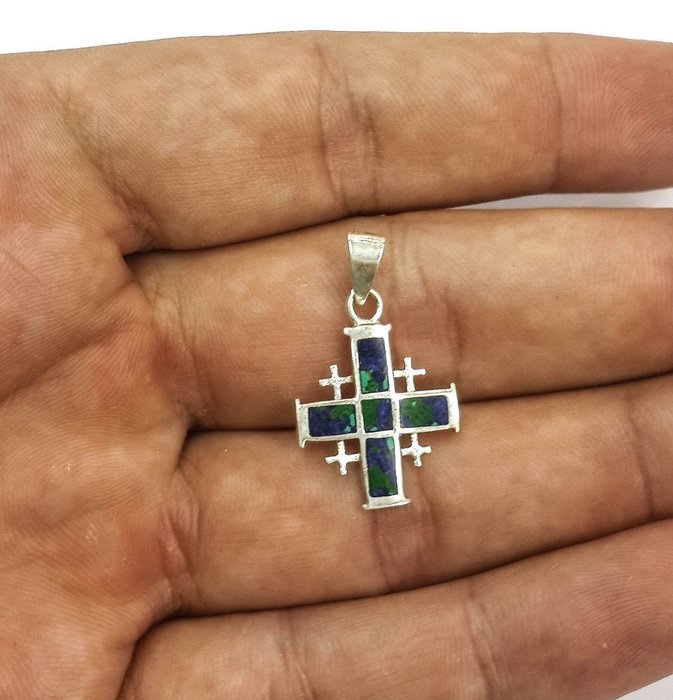Jerusalem Cross King Solomon Eilat Stone Silver 925 Handmade Holy Land 1" N2
