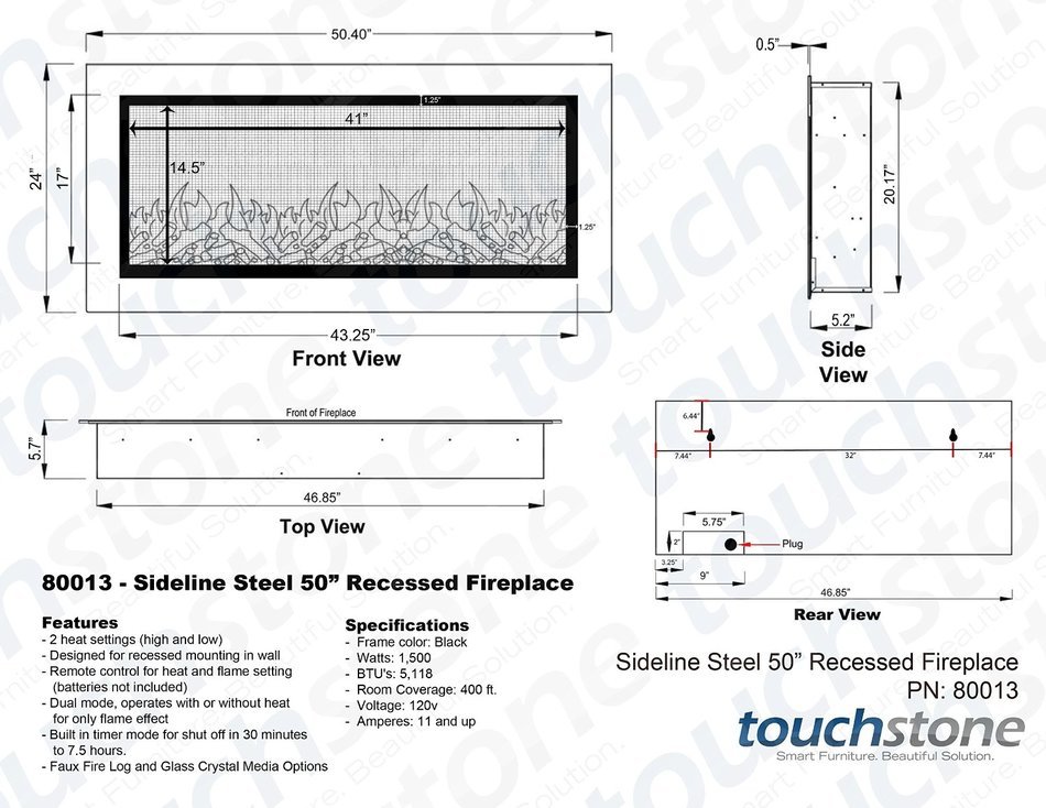 Touchstone 80013 Sideline&reg; Steel In-Wall Recessed Electric Fireplace, 50 Inch Wide, 1500/750 Watt Heater (Black... N2