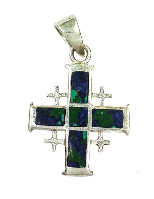 Jerusalem Cross King Solomon Eilat Stone Silver 925 Handmade Holy Land 1" N3