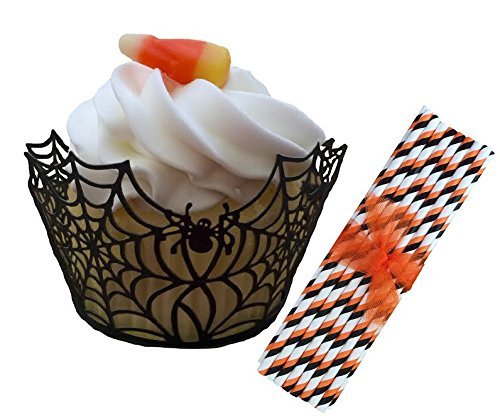 Outside the Box Papers Lasercut Spiderweb Cupcake Wrappers and Halloween Themed Paper Straws - 48 Wrappers and...