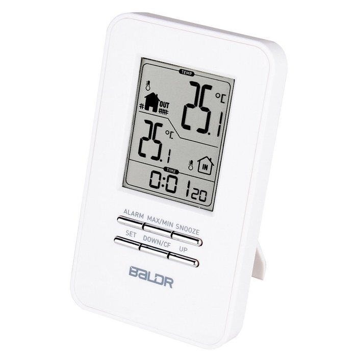 BALDR In/Outdoor Thermometer with Wireless Sensor Big Time Display Alarm and Snooze N4