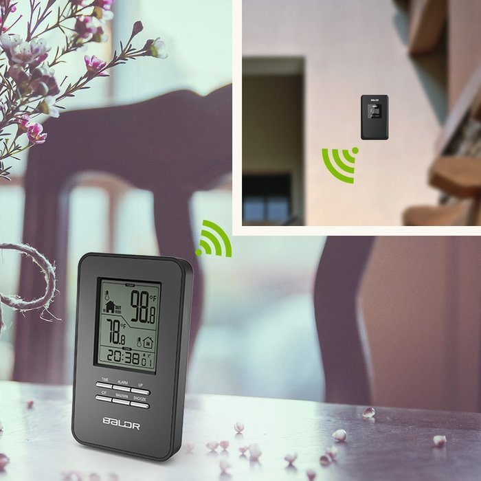 BALDR In/Outdoor Thermometer with Wireless Sensor Big Time Display Alarm and Snooze N7