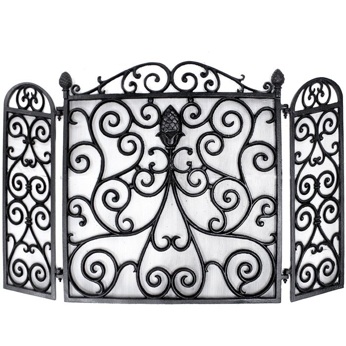 NACH XH-5554 Cast Iron 3-Panel Pineapple Motif Fireplace Screen, Black