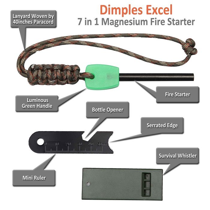 Dimples Excel 7 in 1 Magnesium Fire Starter with Luminous Green Handle, Rescue Whistle and Lanyard Woven by 40... N8