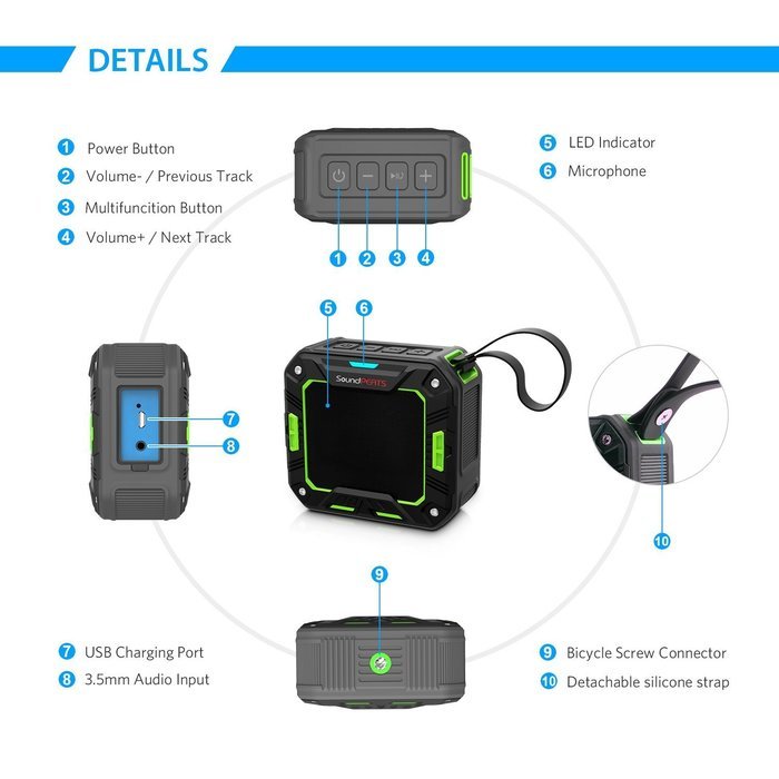 SoundPEATS P2 Wireless Waterproof Portable Bluetooth Speakers with Bult in Mic - Green N14