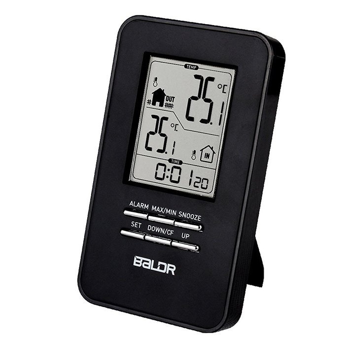 BALDR In/Outdoor Thermometer with Wireless Sensor Big Time Display Alarm and Snooze N10
