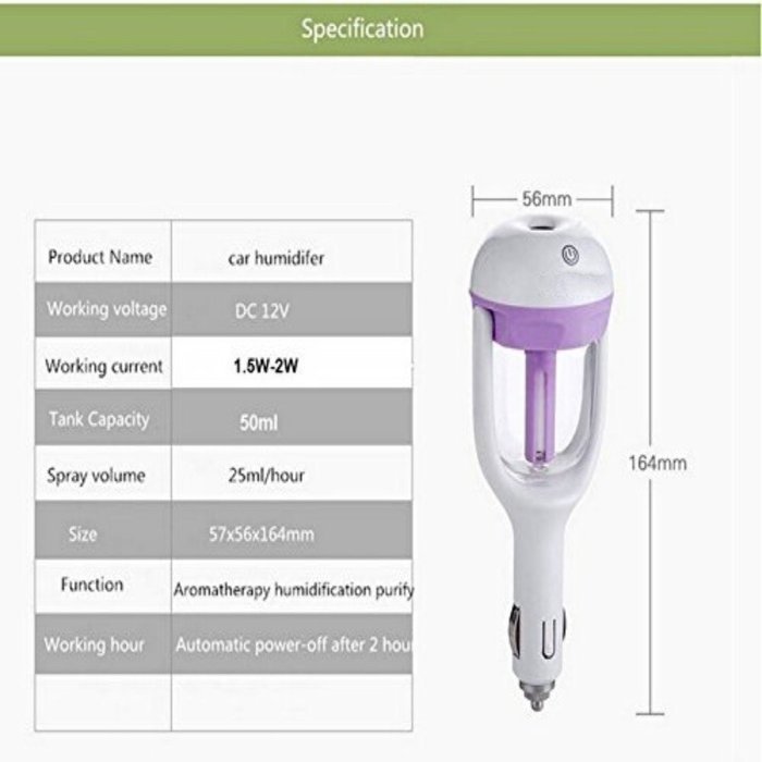 12V Mini Car Steam Humidifier Air Purifier Aroma Aromatherapy Essential Oil Diffuser Mist Maker Mini Fogger (Purle) N3