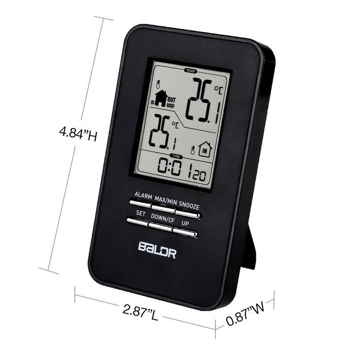 BALDR In/Outdoor Thermometer with Wireless Sensor Big Time Display Alarm and Snooze N11