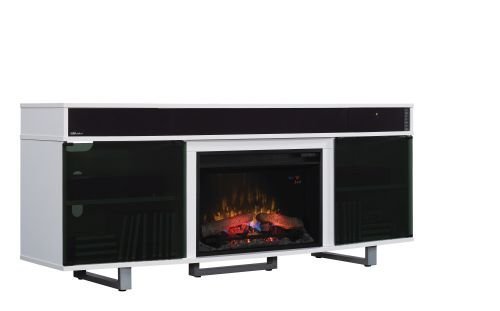 TV Stand w/Speakers and 25" Curved Elec Fireplace, Gloss White