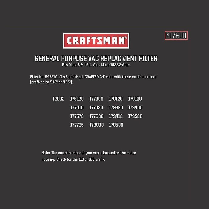 Craftsman General Purpose Vac Filter, 3 to 4 Gallons No. 917810