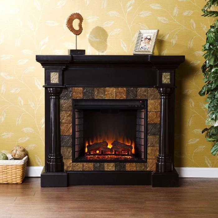 Abir 44 in. Indoor Convertible Media Electric Wall Mount Fireplace in Black with Faux Slate & TV stand can Fit...