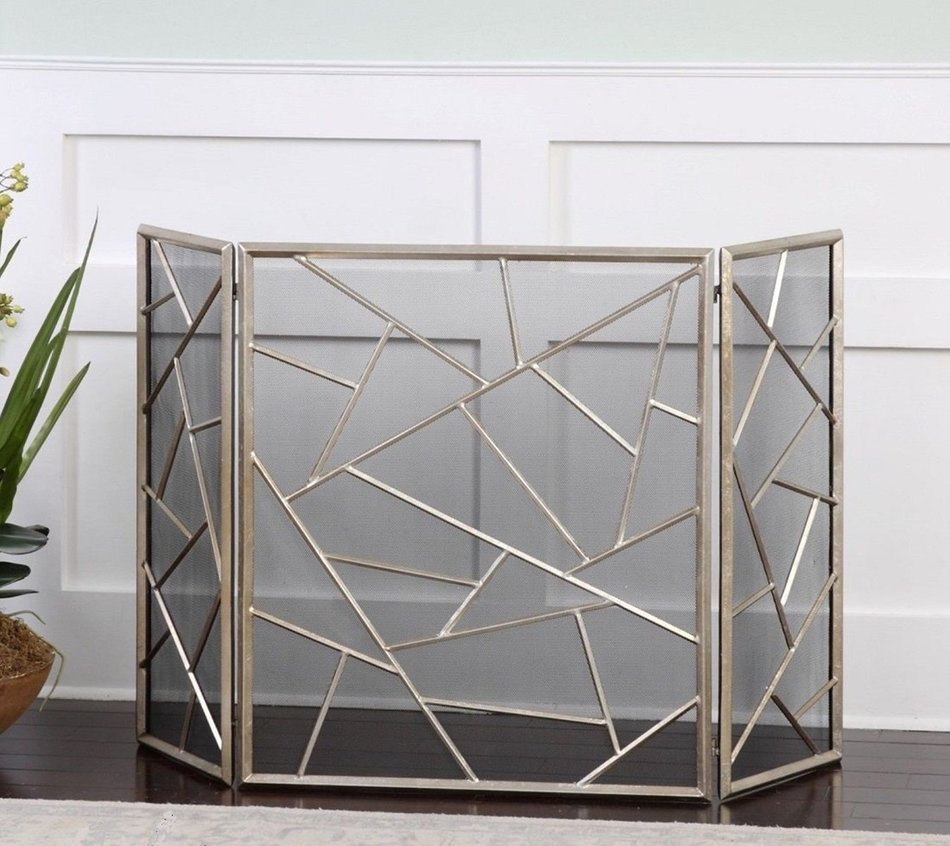MutterMui Modern Geometric Abstract Fireplace Fire Screen Antiqued Silver Iron Metal 51 inches W