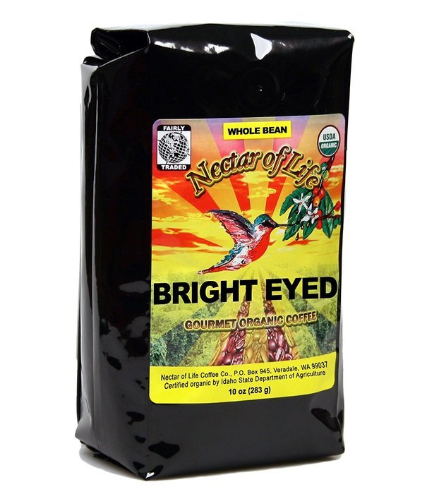 Bright Eyed Medium Dark Roast Coffee, from Nectar of Life. Whole Bean Coffee. Full Body. Thick & Rich. Central... N8