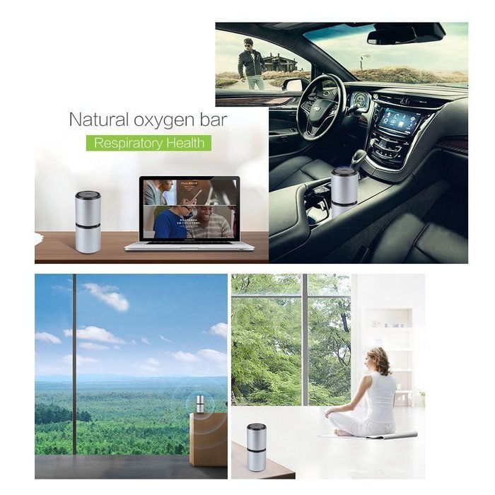 KOMRT Car Negative Ions Air Purifier Remove pm2.5 Noise Less than 29dB Dual USB Charging Silver N3