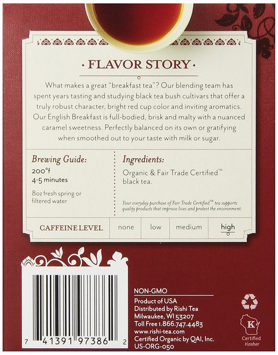 Rishi Tea Organic English Breakfast Tea Bags, 15 Count (Pack of 6)