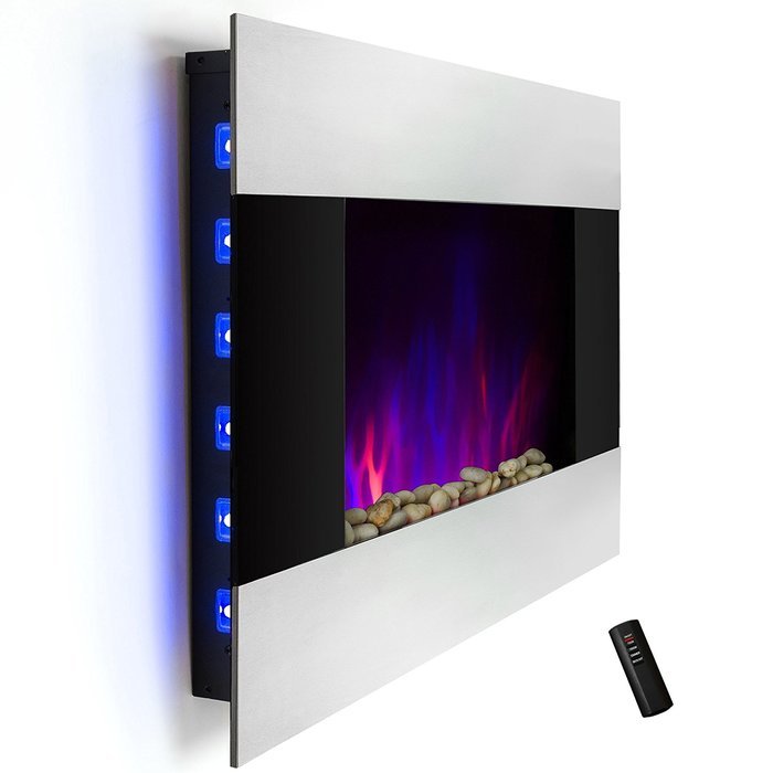 AKDY 36 inch Wall Mount Back Light Stainless Panel Electric Fireplace Space Heater With Log & Pebble bed / Remote...